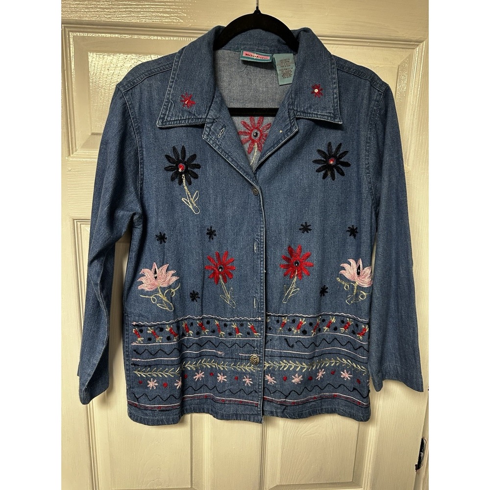Women's Denim Jacket Embroidered Blue jean Long Sleeve Size Small Grandma‎ Core